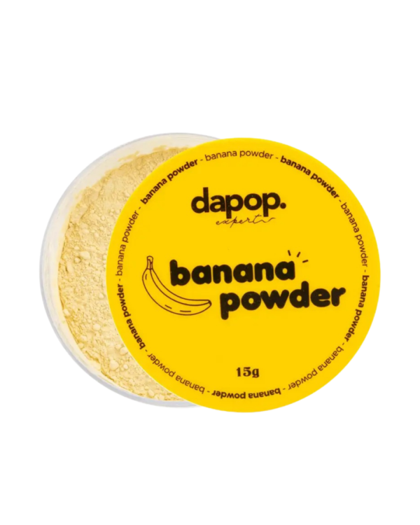 Pó Banana Powder – Dapop: embalagem amarela com pó solto para acabamento matte e controle de oleosidade.