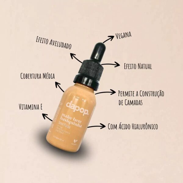 Base fluída Make Bem Basiquinha Dapop 30ml em embalagem moderna, acabamento natural para o dia a dia.