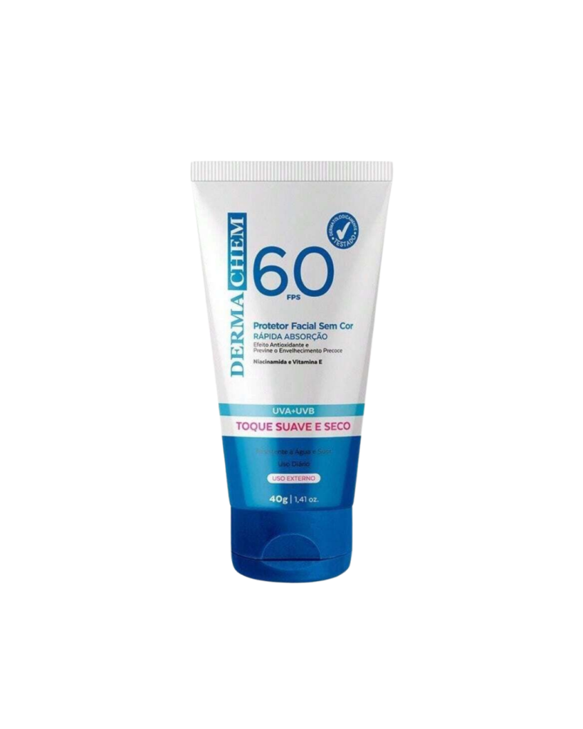 Protetor solar facial Dermachem FPS 60 com alta proteção UVA e UVB.