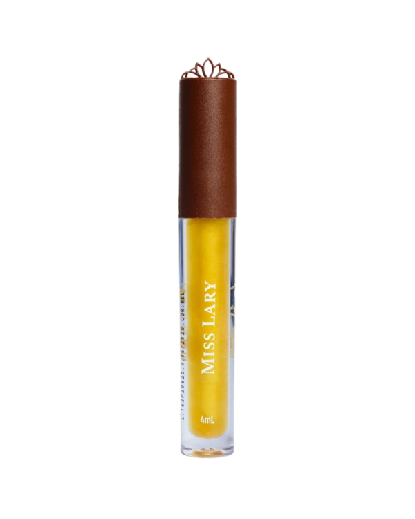 Lip Gloss Mel Honey da Miss Lary em embalagem elegante, brilho espelhado e aroma delicado de mel, ideal para lábios hidratados e luminosos.