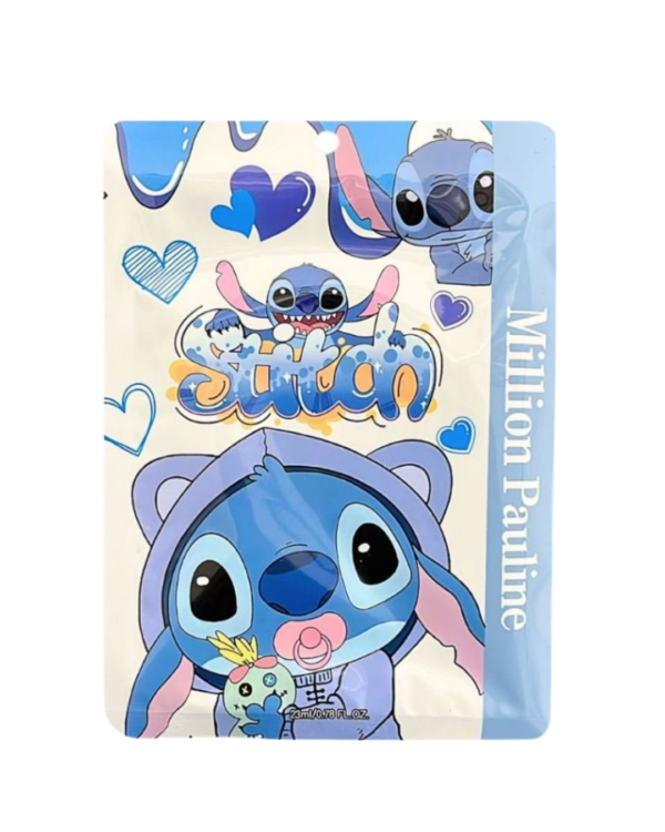 Máscara facial Stitch da Max Love com colágeno e ácido hialurônico, embalagem temática e design fofo.