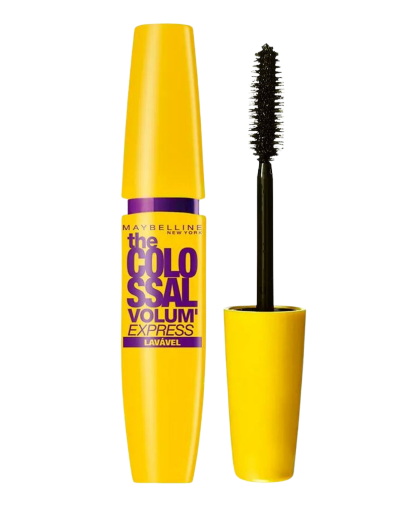 Rímel The Colossal Maybelline: embalagem amarela com aplicador Mega Brush para volume intenso e definição dos cílios.