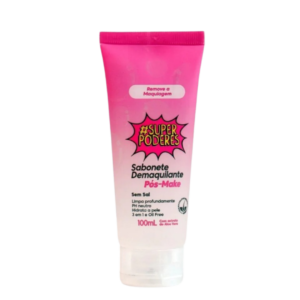 Sabonete Demaquilante Pós Make #SuperPoderes: embalagem rosa com detalhes em branco, produto para remoção de maquiagem e limpeza facial.