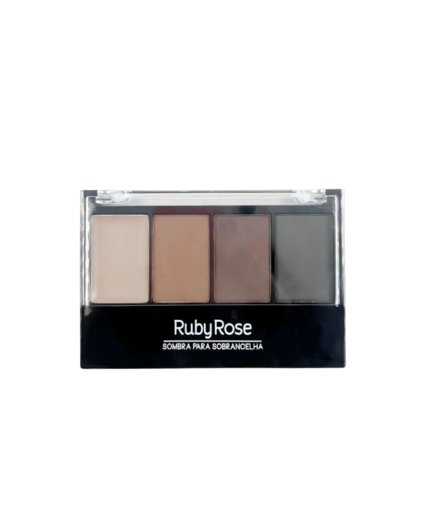 Paleta Ruby Rose de sombras para sobrancelha: quatro tons opacos, primer, pincel duo e espelho.