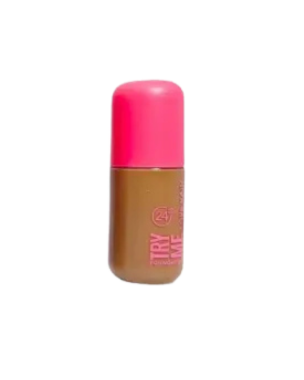 Frasco da Base Try Me Love Rain com tampa rosa, base líquida de acabamento matte e textura fluida.
