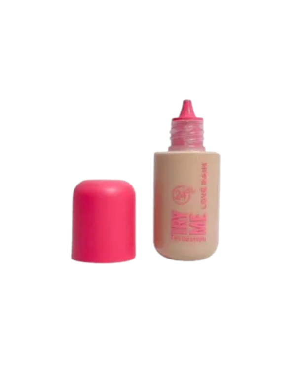 Frasco da Base Try Me Love Rain com tampa rosa, base líquida de acabamento matte e textura fluida.