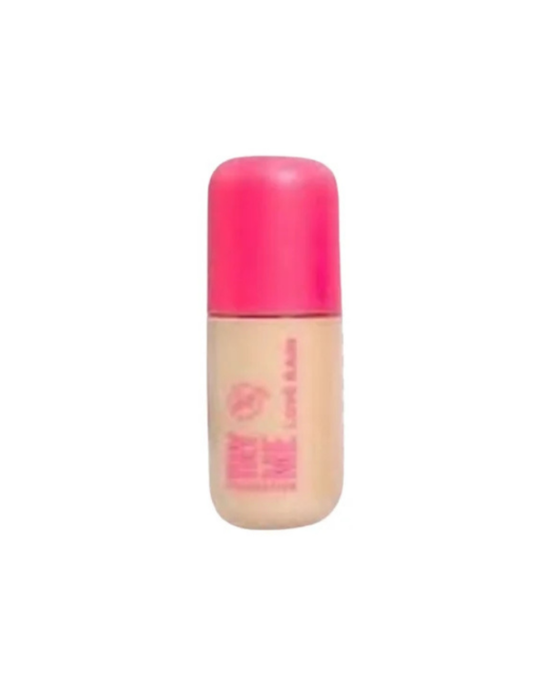 Frasco da Base Try Me Love Rain com tampa rosa, base líquida de acabamento matte e textura fluida.