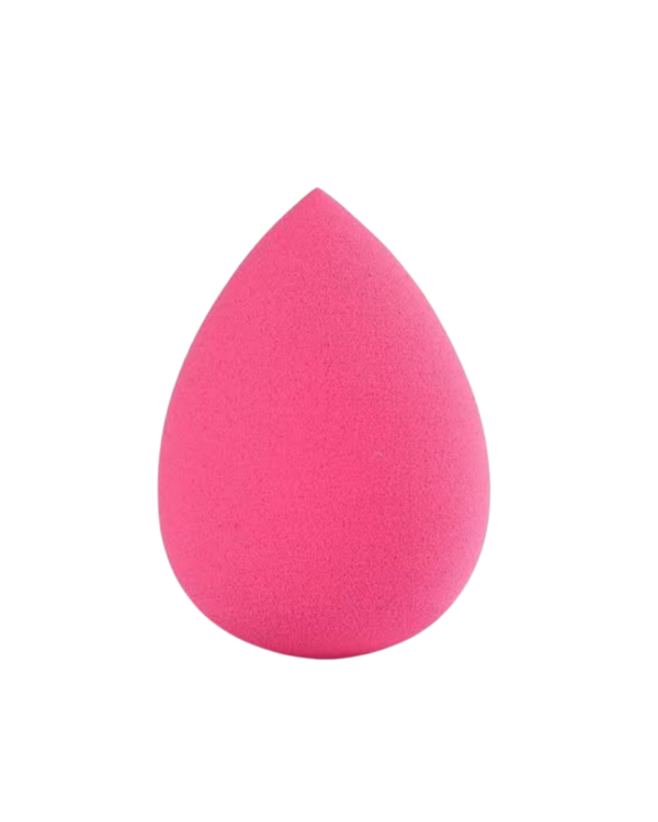 Esponja de maquiagem em formato de gota, rosa, para aplicação uniforme de base e corretivo.