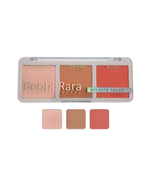 Paleta compacta da Bobbi Rara com três tons: contorno, blush e iluminador.
