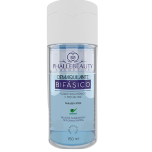 Frasco transparente do Demaquilante Bifásico Phallebeauty com duas camadas distintas, fórmula eficiente e hidratante.