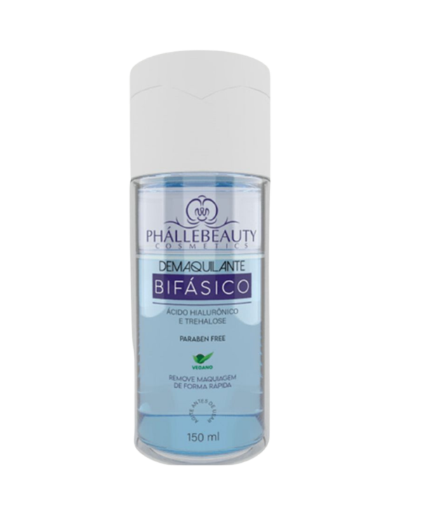 Frasco transparente do Demaquilante Bifásico Phallebeauty com duas camadas distintas, fórmula eficiente e hidratante.