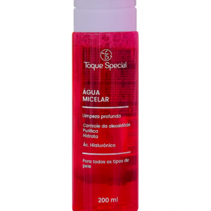 Frasco rosa transparente da Água Micelar Toque Special, limpeza delicada e multifuncional para cuidados faciais.