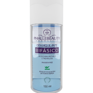 Frasco transparente do Demaquilante Bifásico Phallebeauty com duas camadas distintas, fórmula eficiente e hidratante.
