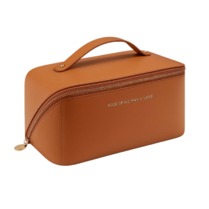 Necessaire organizadora feminina marrom para maquiagem e cosméticos com zíper e alça de mão.