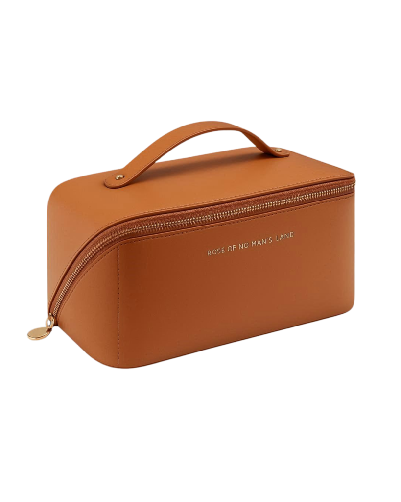 Necessaire organizadora feminina marrom para maquiagem e cosméticos com zíper e alça de mão.