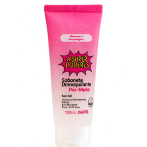 Sabonete Demaquilante Pós Make #SuperPoderes: embalagem rosa com detalhes em branco, produto para remoção de maquiagem e limpeza facial.
