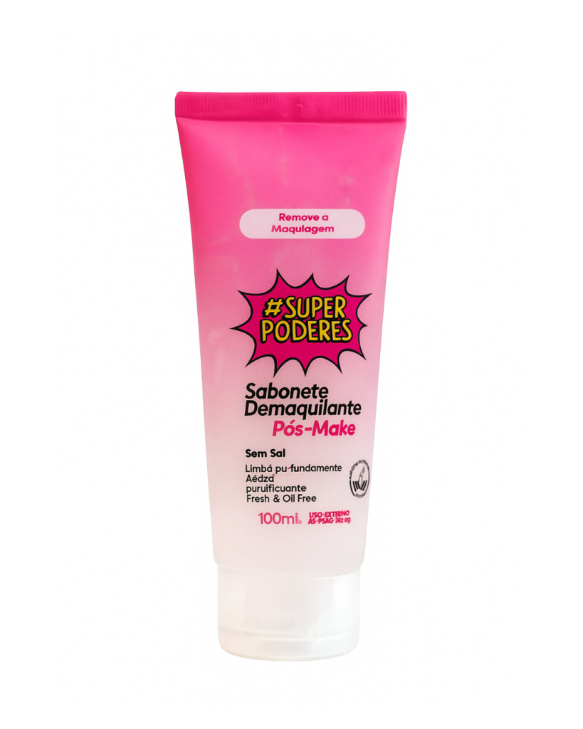 Sabonete Demaquilante Pós Make #SuperPoderes: embalagem rosa com detalhes em branco, produto para remoção de maquiagem e limpeza facial.