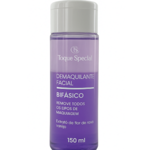 Frasco transparente de demaquilante bifásico Toque Special, com duas camadas visíveis e tampa branca.