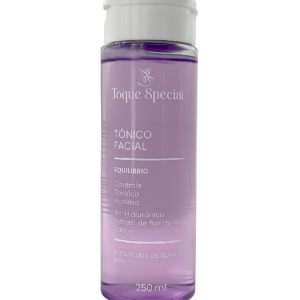 Frasco de tônico facial Toque Special com líquido claro e embalagem delicada para cuidados diários da pele.
