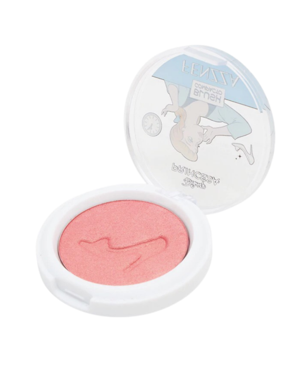 Blush compacto Fenzza Princesas Disney com embalagem decorada e tom rosado com brilho.