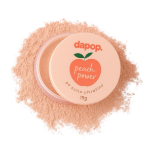 Pó solto ultrafino Peach Power da Dapop – cor pêssego, acabamento suave.