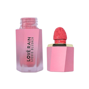 Blush líquido Love Rain com frasco rosa e aplicador de esponja.
