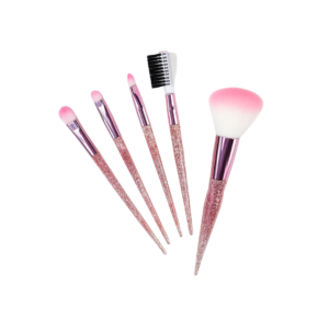 Kit de pincéis de maquiagem rosa cristal com glitter, cabo transparente e cerdas macias.