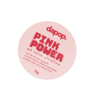 Pó Solto Ultrafino Pink Power Rosa Mosqueta Dapop em embalagem moderna, ideal para acabamento aveludado da maquiagem.