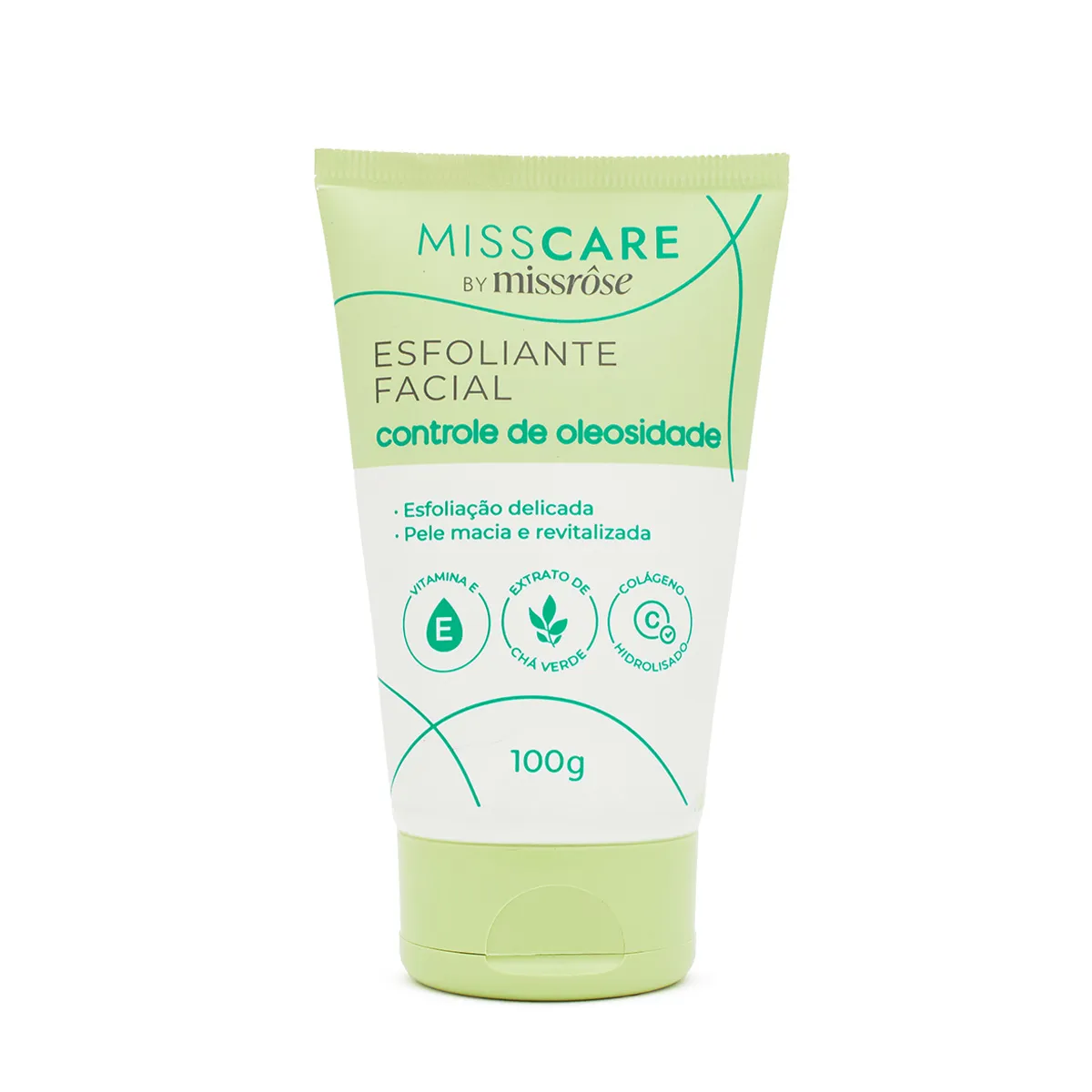 Esfoliante facial Miss Rôse com ação de controle de oleosidade e textura suave para limpeza profunda e pele equilibrada.